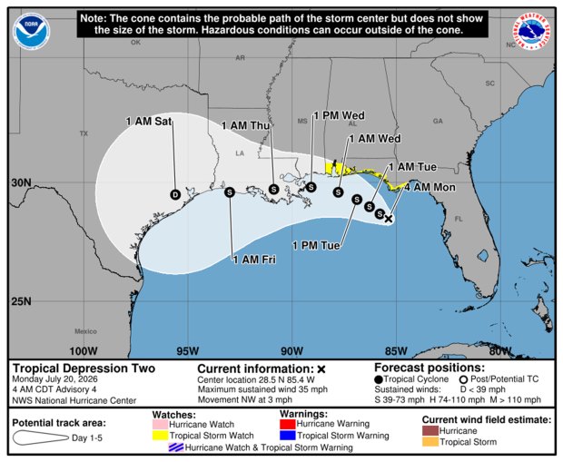 Tropical Depression Two cone of uncertainty as of 5 a.m. EDT Monday, July 20, 2026. (NHC)