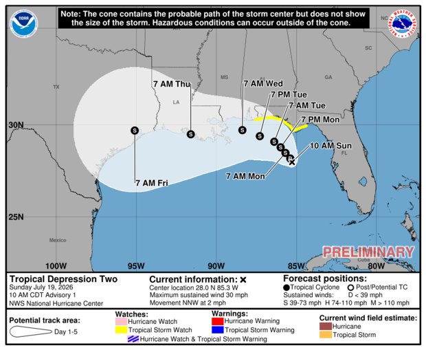 Tropical Depression Two cone of uncertainty as of 11 a.m. Sunday, July 19, 2026. (NHC)