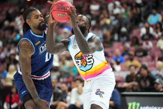 Miami 305 player Lance Stephenson (1) goes up for a shot as Chicago Triplets player Brandon Moss (1) defends during a BIG3 basketball game at Amerant Bank Arena on Sunday, July 5, 2026 (Jim Rassol/Contributor).