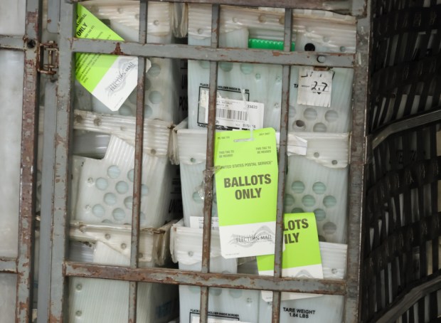 A pallet of vote-by-mail ballots is prepared to be sent out Monday, July 13, 2026, at the Broward County Supervisor of Elections headquarters in Fort Lauderdale. (Joe Cavaretta/South Florida Sun Sentinel)