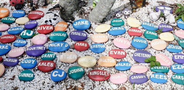 A rock garden featuring the names of drowning victims is seen at the Live Like Jake Foundation in Palm Beach Gardens on Thursday, July 16, 2026. The foundation was started by Keri Morrison, an advocate who lost her son, Jake, to drowning. (Carline Jean/South Florida Sun Sentinel)