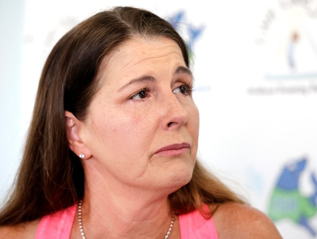 Keri Morrison gets emotional while speaking about her son, Jake, at the Live Like Jake Foundation in Palm Beach Gardens on Thursday, July 16, 2026. Morrison is an advocate who founded the organization, which provides swimming lessons to children, after losing her son to drowning. (Carline Jean/South Florida Sun Sentinel)