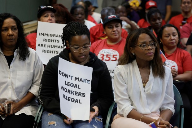 Former U.S. Rep. Sheila Cherfilus-McCormick, right, joins hospitality union workers with UNITE HERE Local 355 at Fort Lauderdale-Hollywood International Airport to protest the end of temporary protected status for Haitians on July 10, 2026. (Mike Stocker/South Florida Sun Sentinel)