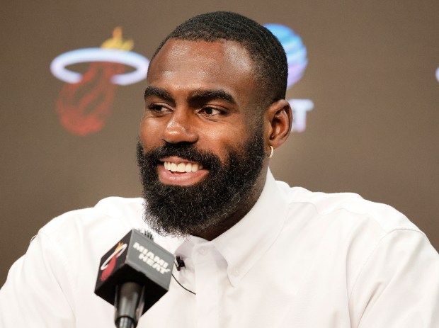 Miami Heat free agent signee Tim Hardaway, Jr. during a press conference at the Kaseya Center in Miami on Wednesday, July 8, 2026. (Carline Jean/South Florida Sun Sentinel)