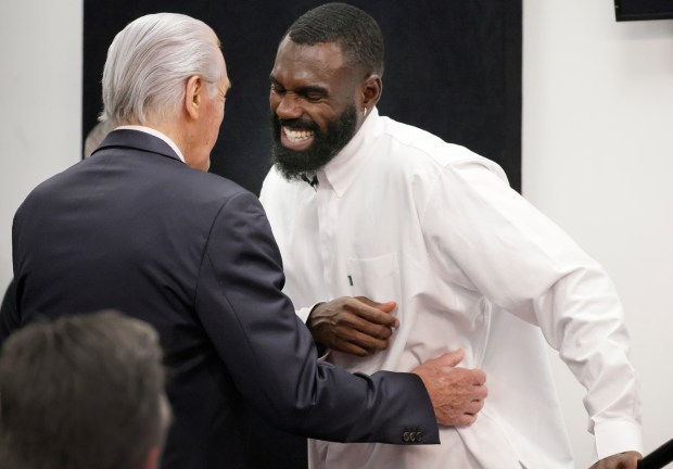 Miami Heat president Pat Riley, interacts with free agent signee Tim Hardaway, Jr. during a press conference at the Kaseya Center in Miami on Wednesday, July 8, 2026. (Carline Jean/South Florida Sun Sentinel)
