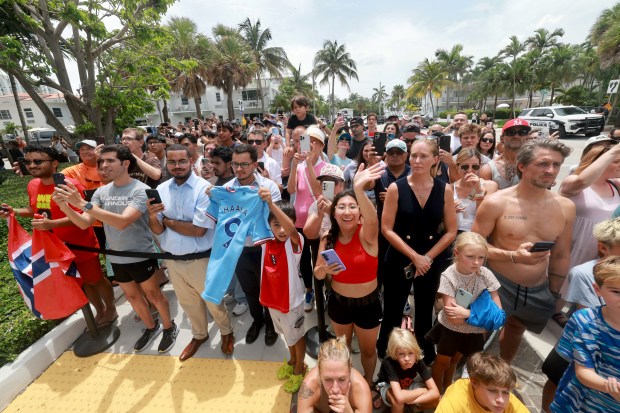 Norwegian fans wait for them to emerge from the Four Seasons on Fort Lauderdale beach and head to the stadium for the game on Saturday, July 11, 2026. (Mike Stocker/South Florida Sun Sentinel)