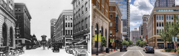 Orange Avenue at Central Boulevard in the 1920s and in 2026. The 1924 State Bank of Orlando building and other structures still exist side-by-side with modern skyscrapers. (Orlando Sentinel file, Ricardo Ramirez Buxeda/Orlando Sentinel)