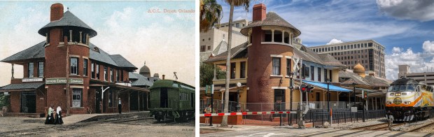 A postcard depicts Orlando's 1889 railroad depot sometime after 1902, when the Atlantic Coast Line acquired the Plant System, which built the depot. The same building is pictured in 2026.(Florida State Archives and Ricardo Ramirez Buxeda/Orlando Sentinel)