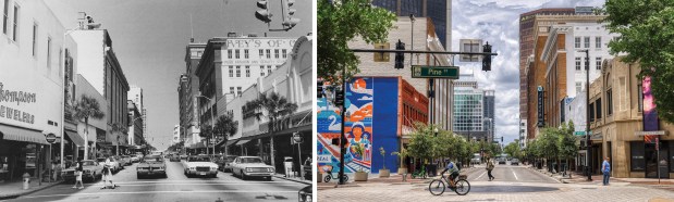 Orange Avenue at Pine Street in 1973 and 2026. Downtown Orlando retailers were starting to lose business to shopping centers, and the grand department store Ivey's, seen on the right in 1973, would close in just three years. (Orlando Sentinel file, Ricardo Ramirez Buxeda/Orlando Sentinel)