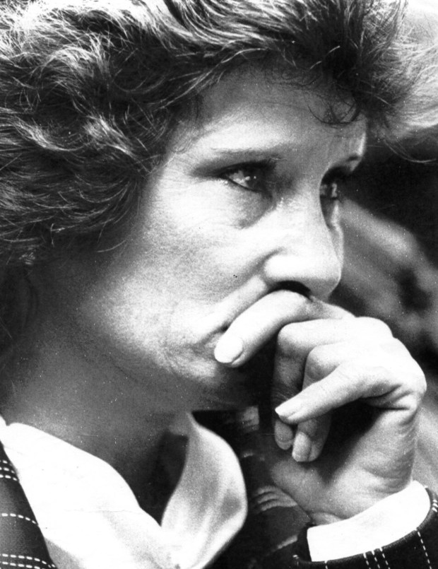 Dorothy McAbee, mother of Teresa McAbee, listens during pre-sentencing during her daughter's murder trial May 10, 1988. (Orlando Sentinel file)