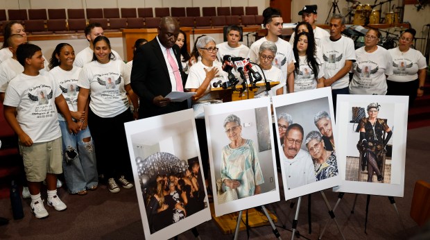 Judy Santiago, daughter of Milagros "Millie" Ortiz, speaks during a press conference with her family and attorney Ben Crump to address developments in the death of the 92-year-old great-grandmother, on Thursday, July 9, 2026. (Ricardo Ramirez Buxeda/ Orlando Sentinel)