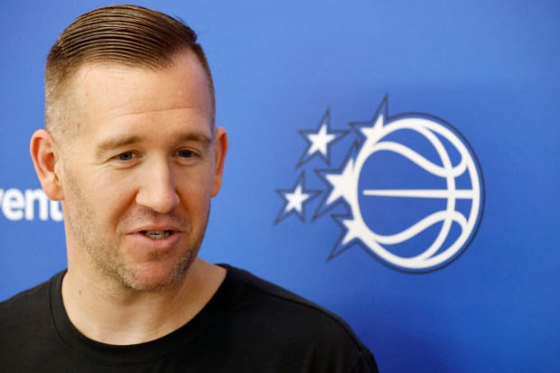 Magic summer league coach and new Magic assistant D.J. Bakker speaks to the media during Las Vegas Summer League practice, at the AdventHealth Training Center, on Monday, July 6, 2026. (Ricardo Ramirez Buxeda/ Orlando Sentinel)