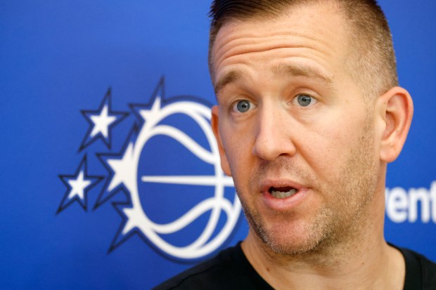 Orlando Magic Summer League coach and new Magic assistant D.J. Bakker speaks to the media during a recent practice at the AdventHealth Training Center in Orlando. (Ricardo Ramirez Buxeda/ Orlando Sentinel)