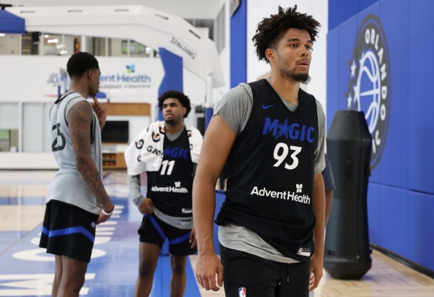 Left to Right, Magic rookie Izaiyah Nelson (#25); second-year guard Jase Richardson (11); and second-year forward Noah Penda (93); wait to talk to the media during Las Vegas Summer League practice, at the AdventHealth Training Center, on Monday, July 6, 2026. (Ricardo Ramirez Buxeda/ Orlando Sentinel)