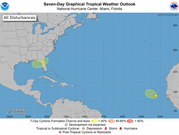 The full tropical outlook for the Atlantic basin as of 8 a.m. Friday, July 17, 2026. (NHC)