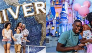 split image with a family in front of Universal Orlando's iconic spinning globe (left) and a family hugging in front of cinderella castle at disney world (right)