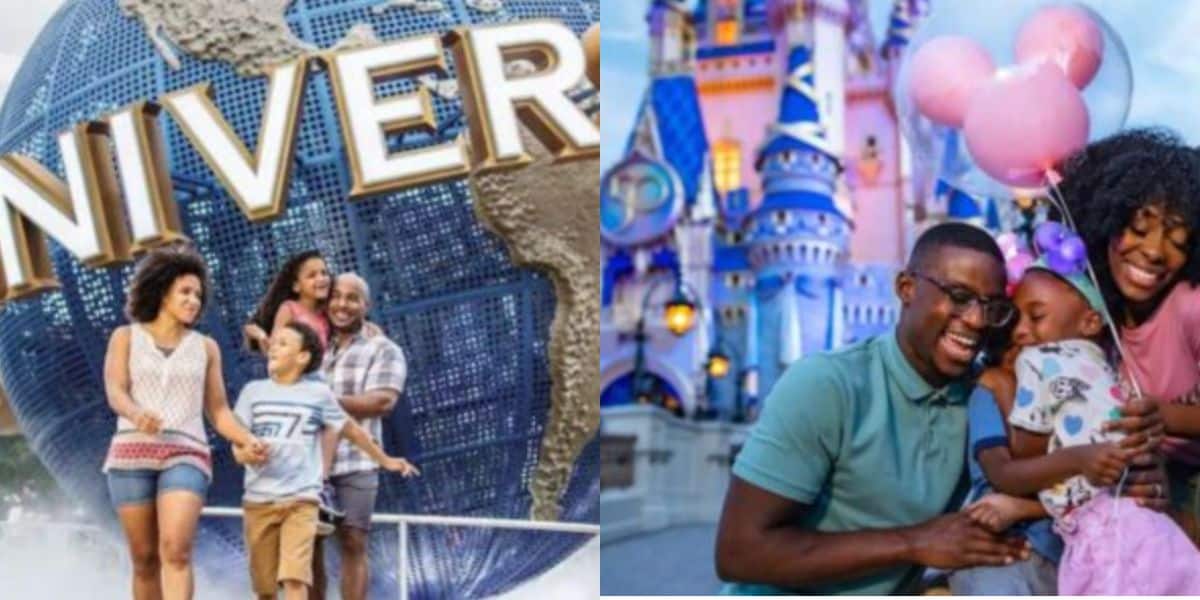 split image with a family in front of Universal Orlando's iconic spinning globe (left) and a family hugging in front of cinderella castle at disney world (right)