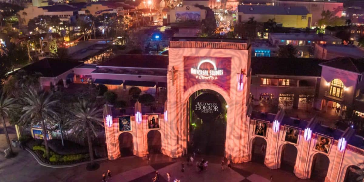 Guests enter Universal Studios Florida during Halloween Horror Nights at Universal Orlando Resort.