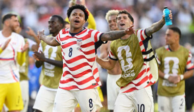 United States' Weston McKennie (8) and Christian Pulisic (10) celebrate winning the World Cup round of 32 soccer match between the United States and Bosnia in Santa Clara, Calif., Wednesday, July 1, 2026. (AP Photo/Eakin Howard)