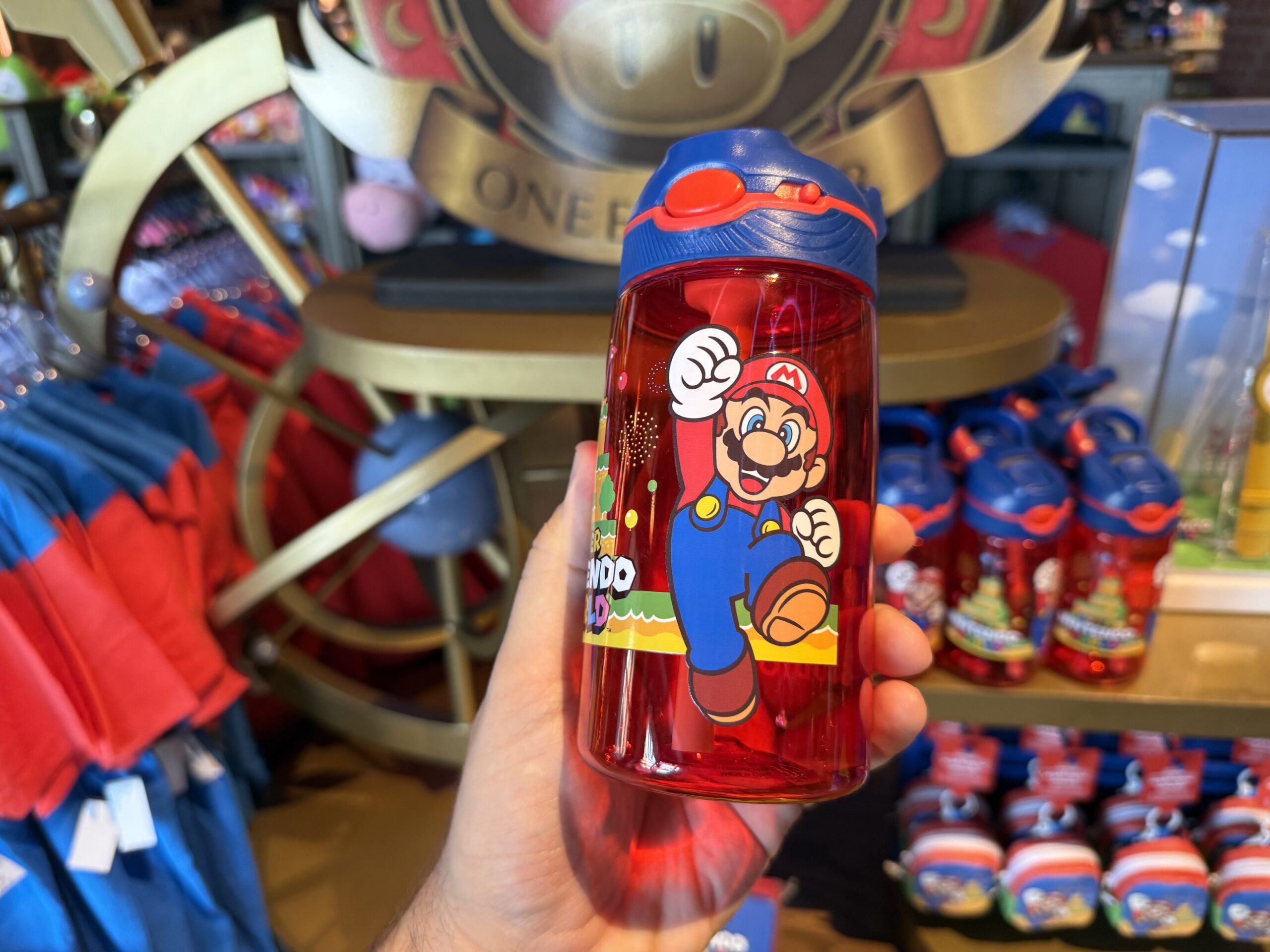 This translucent red water bottle has a blue flip-top cap and comes with a straw. Mount Beanpole, Mario, and the Universal Studios logo decorate the sides of the bottle.