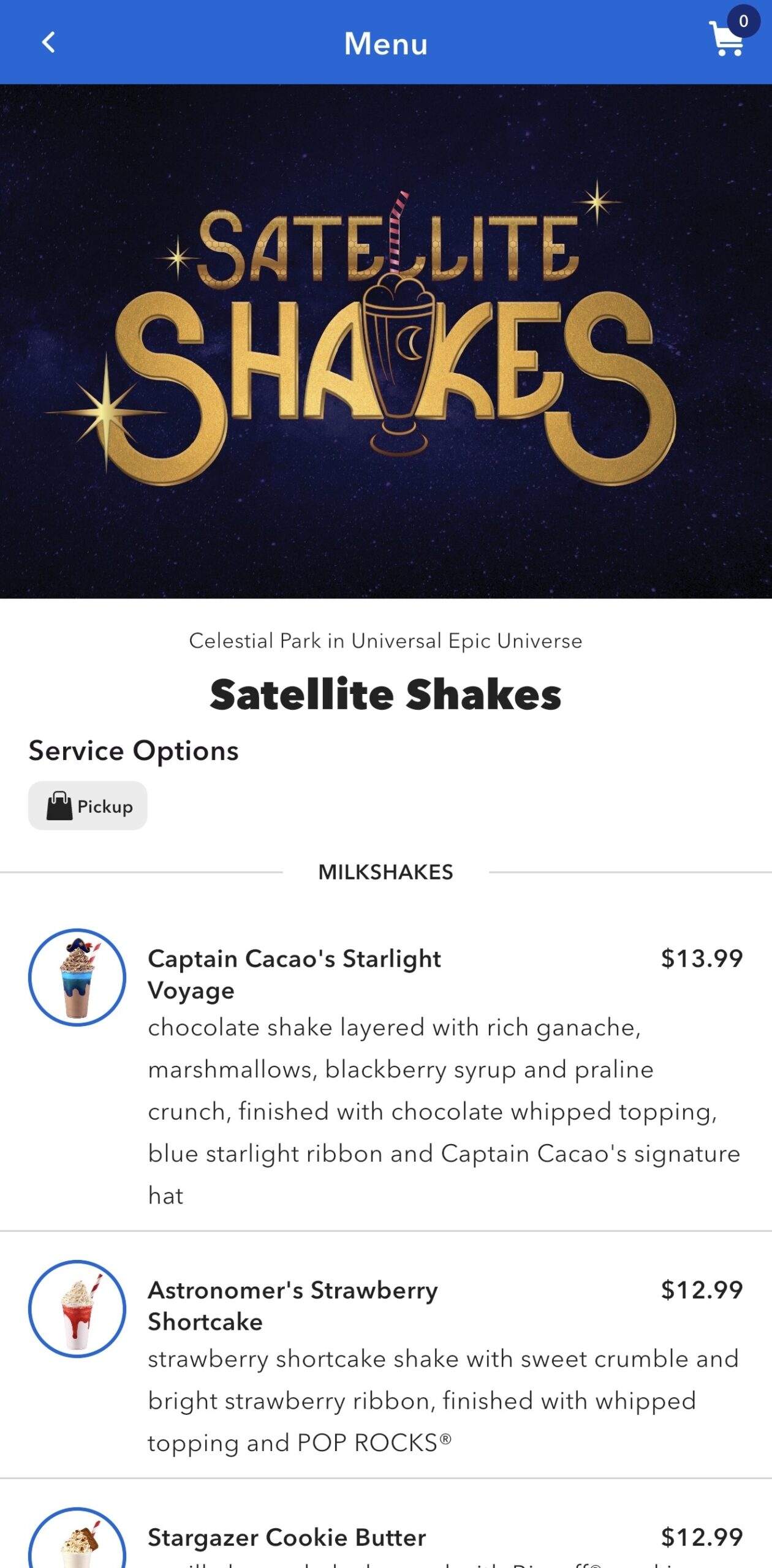 Satellite Shakes app menu.