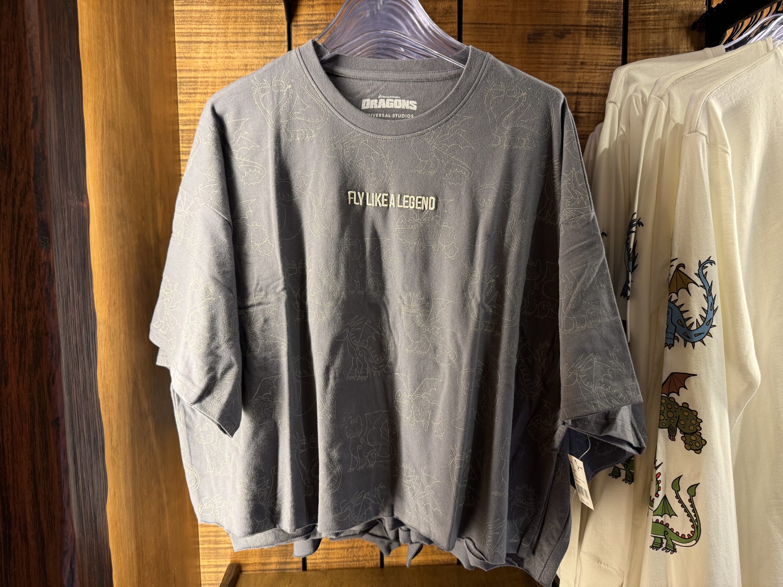 The dark gray cropped tee has sketches of various dragons all over the front and back.