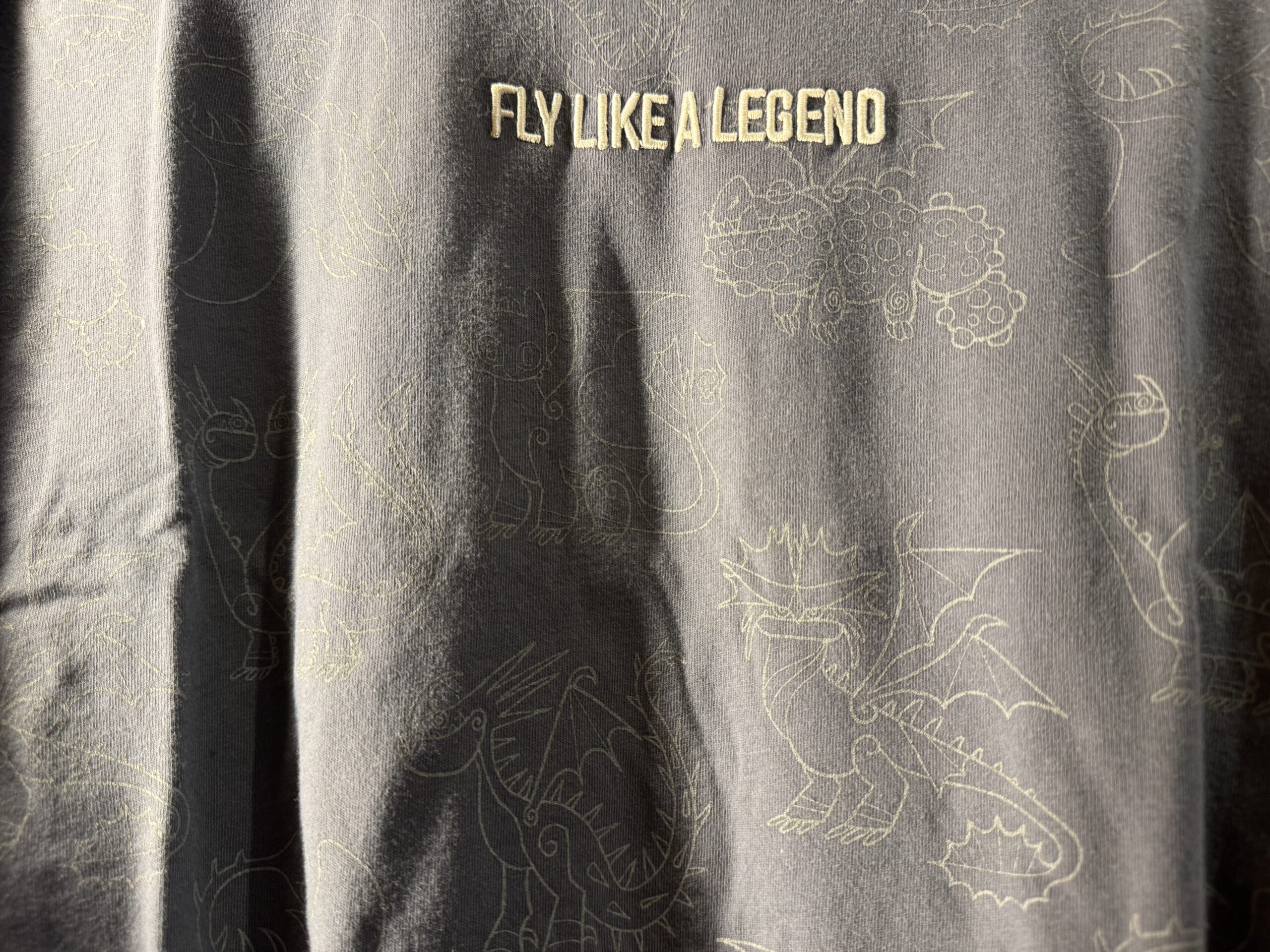 The dark gray cropped tee has sketches of various dragons all over the front and back.