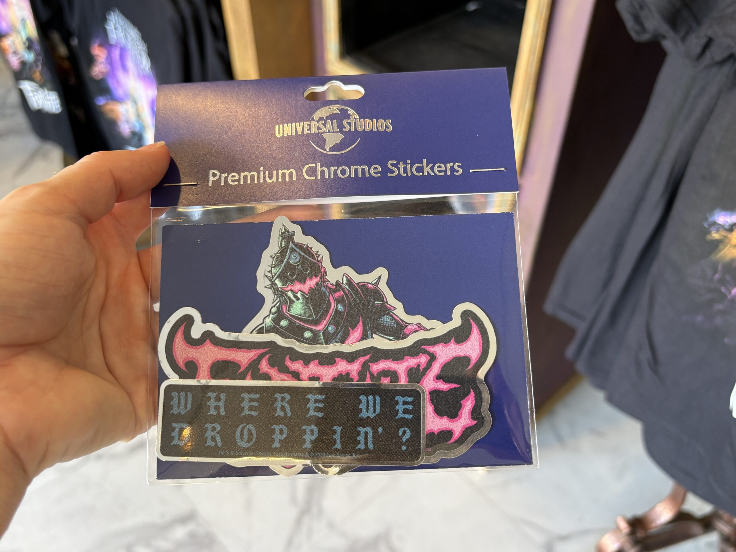 This includes three stickers depicting a hot pink Fortnite logo, "Where We Droppin'?", and a monstrous Black Knight.