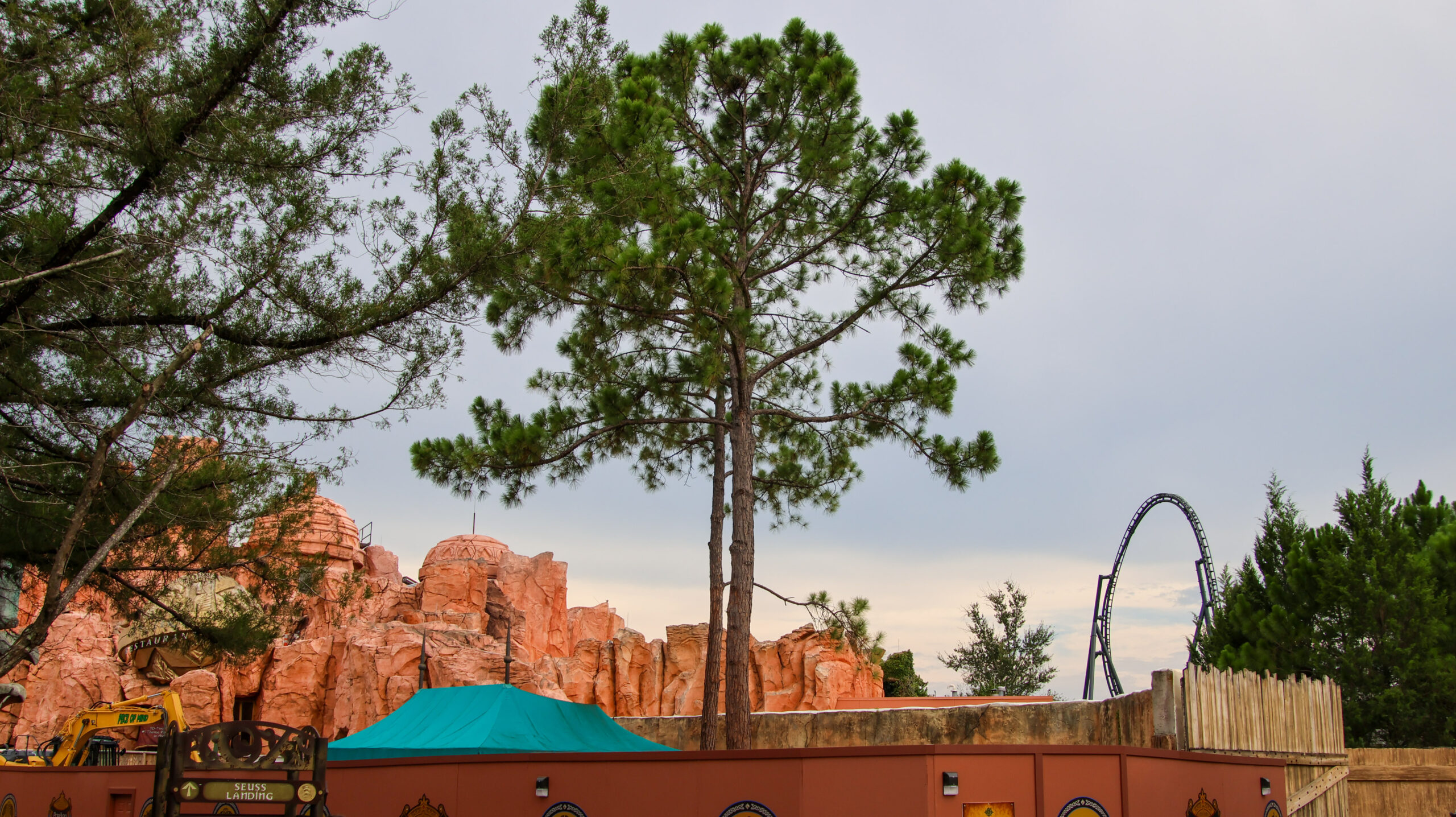 The snack stand and trees outside Mythos Restaurant in Universal Islands of Adventure have been removed as part of ongoing demolition of The Lost Continent.