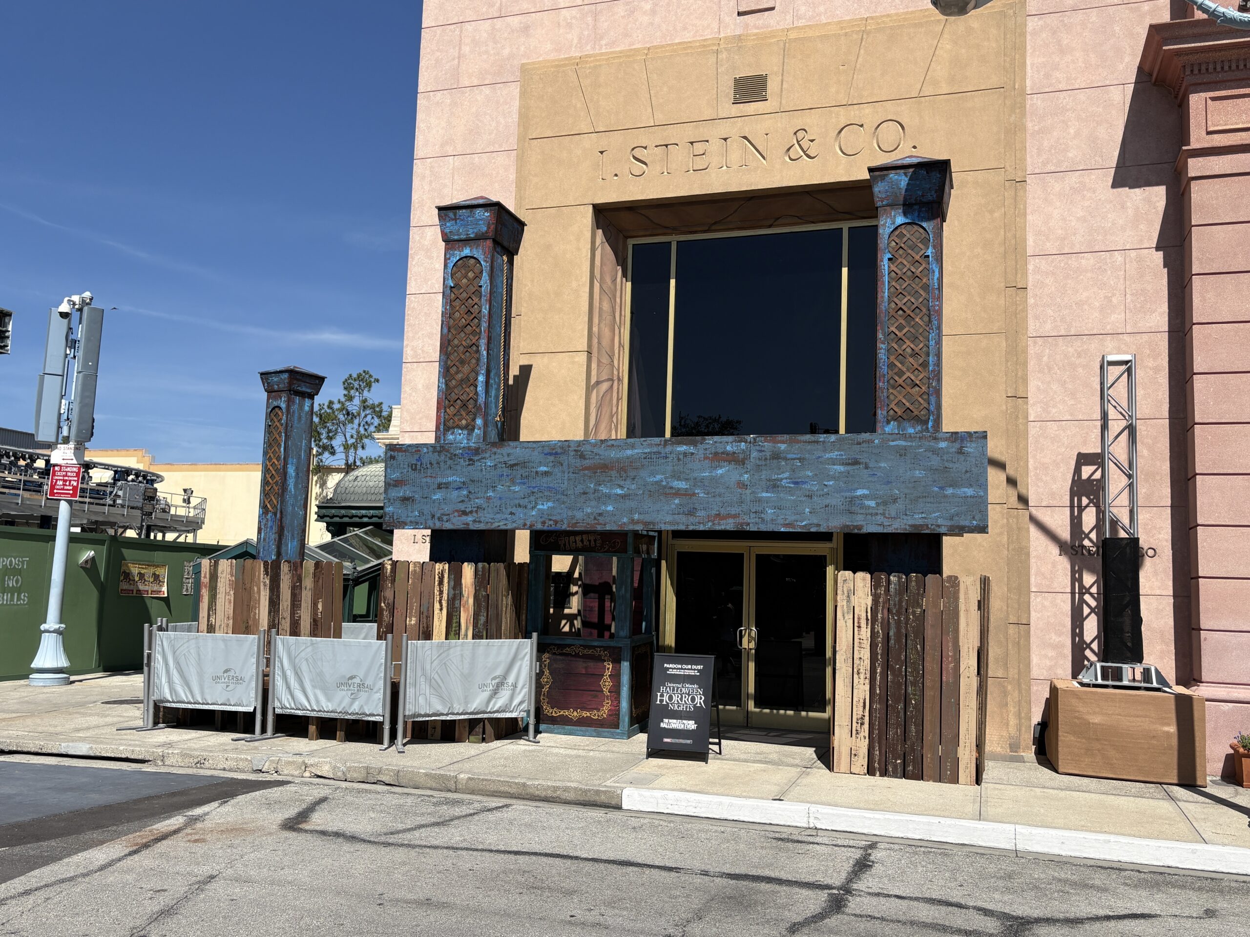 New York also includes the Tribute Store. The facade is coming together next to Revenge of the Mummy with weathered blue and brown columns creating an entrance archway.