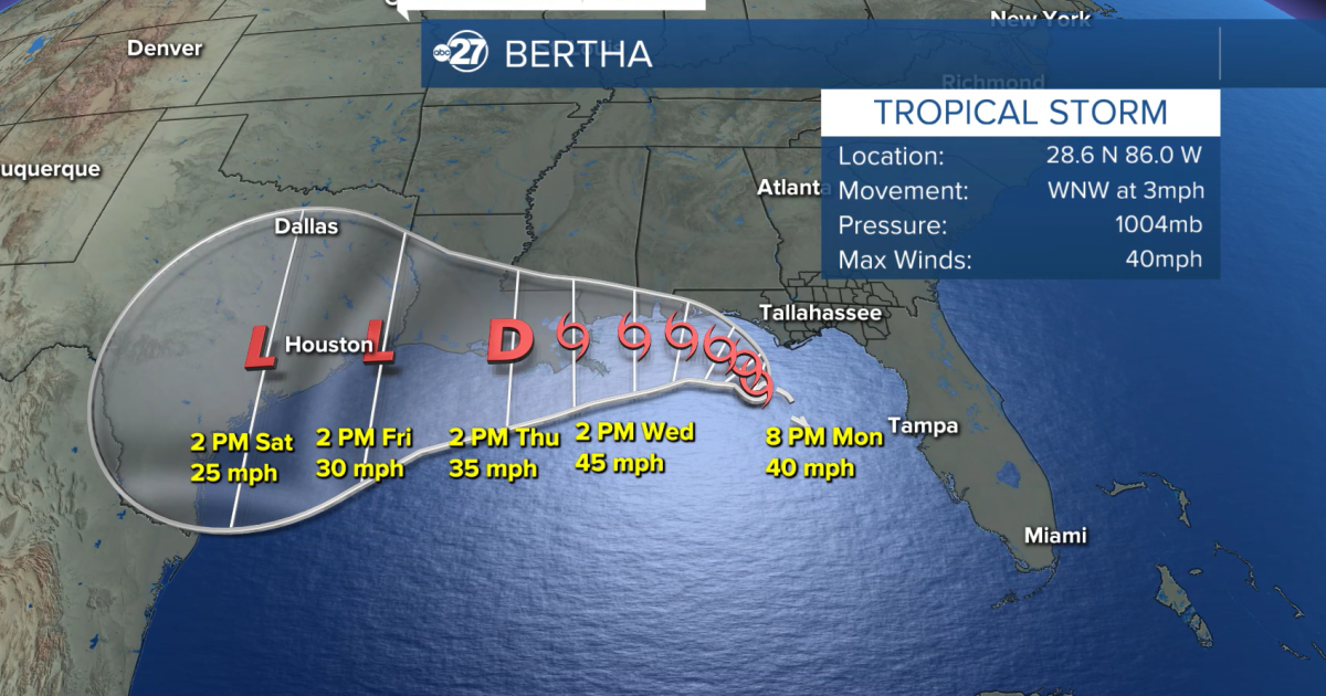 Tropical Storm Bertha to move west, offshore from Big Bend