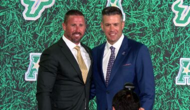 USF head football coach Brian Hartline and American Conference commissioner Tim Pernetti pose for a picture at American Conference Football Media Days on Friday, July 24, 2026 in St. Petersburg, Florida. (Michael Epps - Spectrum Sports 360)