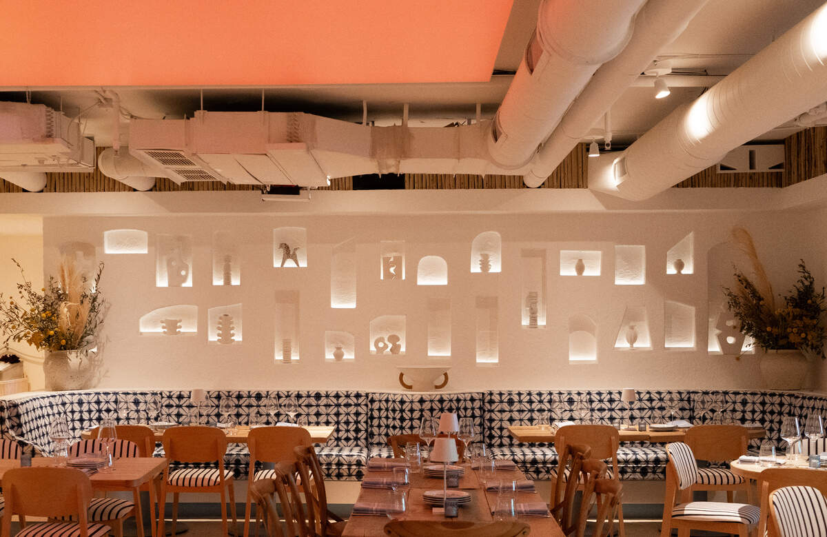 The sculpted wall niches at Manoli Greek restaurant, now open in Coconut Grove.