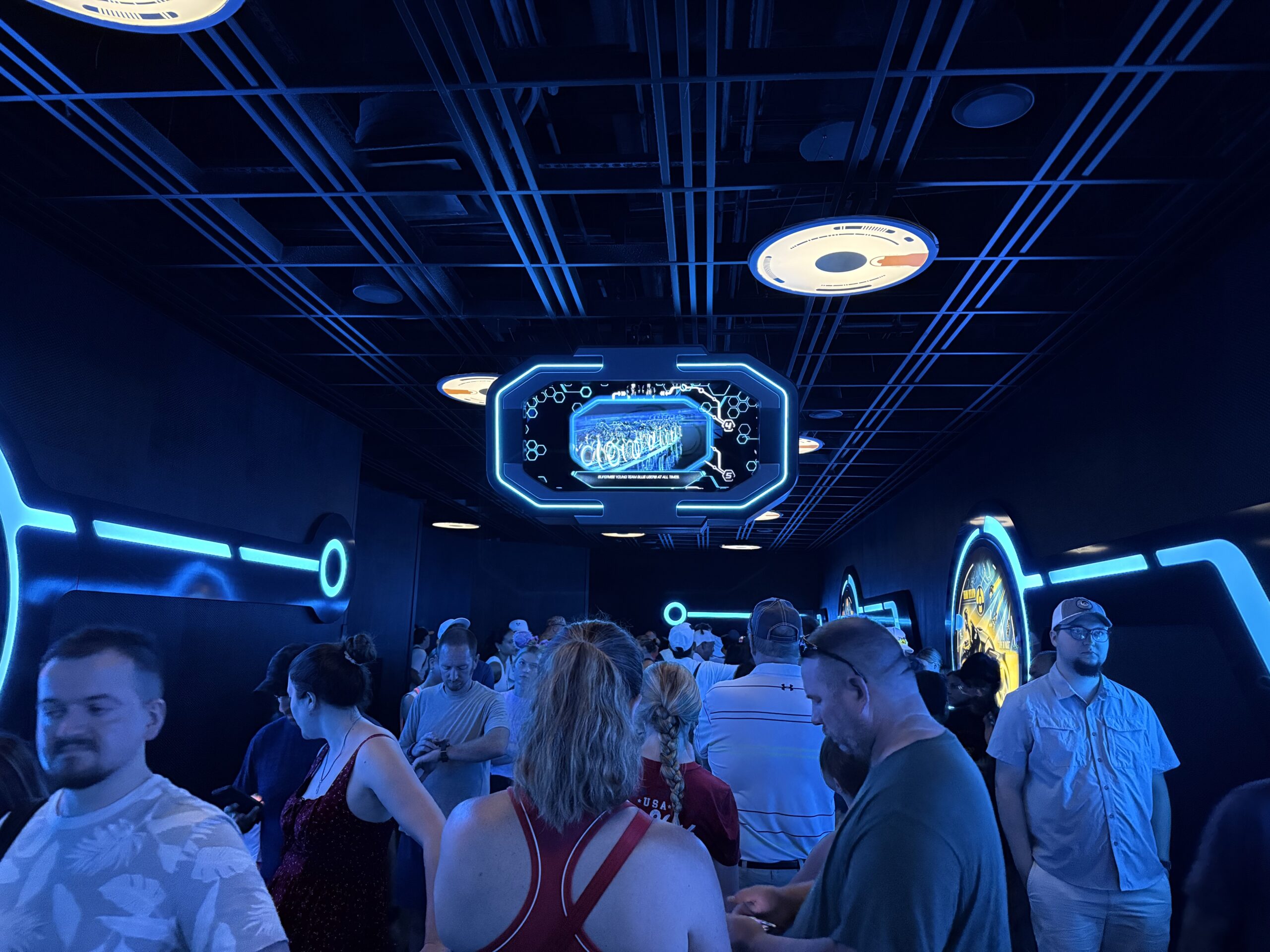Most of the screens in the TRON Lightcycle Run queue at Magic Kingdom now have images of lightcycles burnt into them.