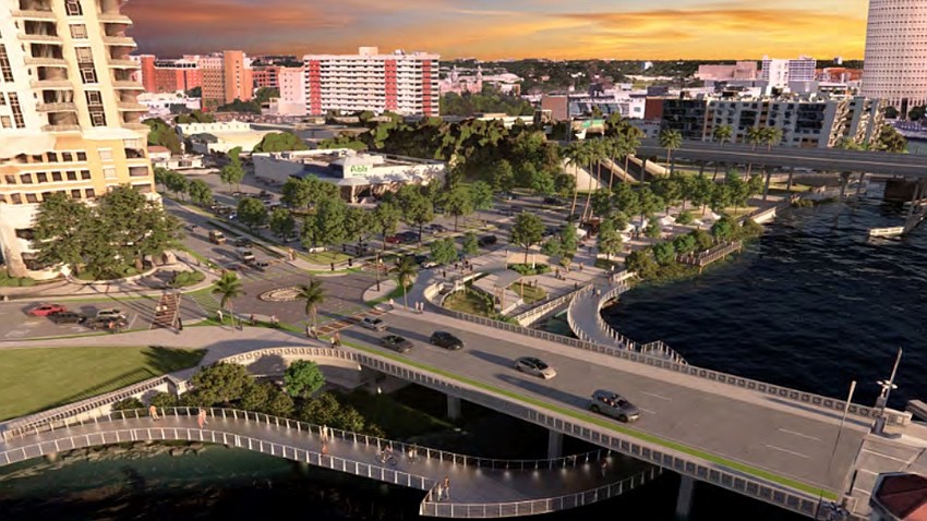 A rendering of the West Riverwalk and Platt Street.