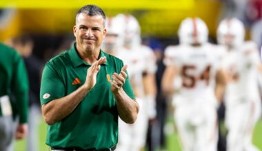 Jan 19, 2026; Miami Gardens, FL, USA; Miami Hurricanes head coach Mario Cristobal against the Indiana Hoosiers during the College Football Playoff National Championship game at Hard Rock Stadium. Mandatory Credit: Mark J. Rebilas-Imagn Images