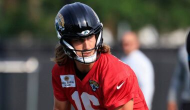 Jacksonville Jaguars quarterback Trevor Lawrence (16) looks to hand off during the third day of NFL Training Camp at the Miller Electric Center on Friday, July 31, 2026, in Jacksonville, Fla.