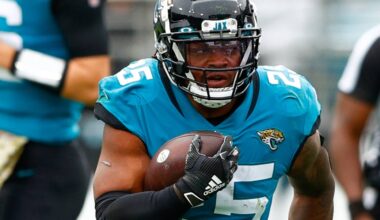 Nov 28, 2021; Jacksonville, Florida, USA;  Jacksonville Jaguars running back James Robinson (25) runs with the ball in the first half against the Atlanta Falcons at TIAA Bank Field. Mandatory Credit: Nathan Ray Seebeck-USA TODAY Sports