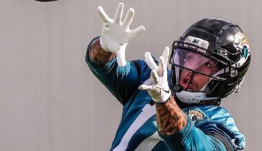 Jacksonville Jaguars Wide Receiver Parker Washington (11) catches a pass during the fourth day of NFL Training Camp in shells at the Miller Electric Center on Sunday, August 2, 2026, in Jacksonville, Fla.  [Doug Engle/Florida Times-Union]