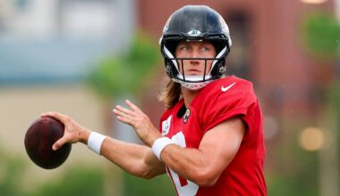 Aug 3, 2026; Jacksonville, FL, USA; Jacksonville Jaguars quarterback Trevor Lawrence (16) participates in training camp at Miller Electric Center.