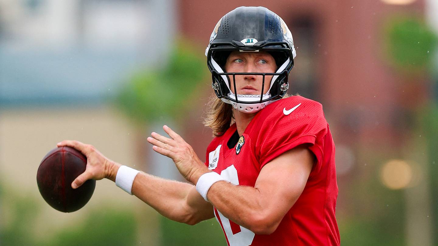 Aug 3, 2026; Jacksonville, FL, USA; Jacksonville Jaguars quarterback Trevor Lawrence (16) participates in training camp at Miller Electric Center.