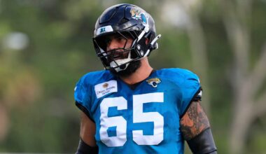 Jacksonville Jaguars offensive tackle Patrick Mekari (65) looks on during the sixth day of NFL training camp at the Miller Electric Center on Tuesday, Aug. 4, 2026, in Jacksonville, Fla.