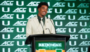 Jul 15, 2026; Charlotte, NC, USA;  Miami quarterback Darian Mensah speaks to the media during ACC Media Days at Hilton Charlotte Uptown. Mandatory Credit: Jim Dedmon-Imagn Images