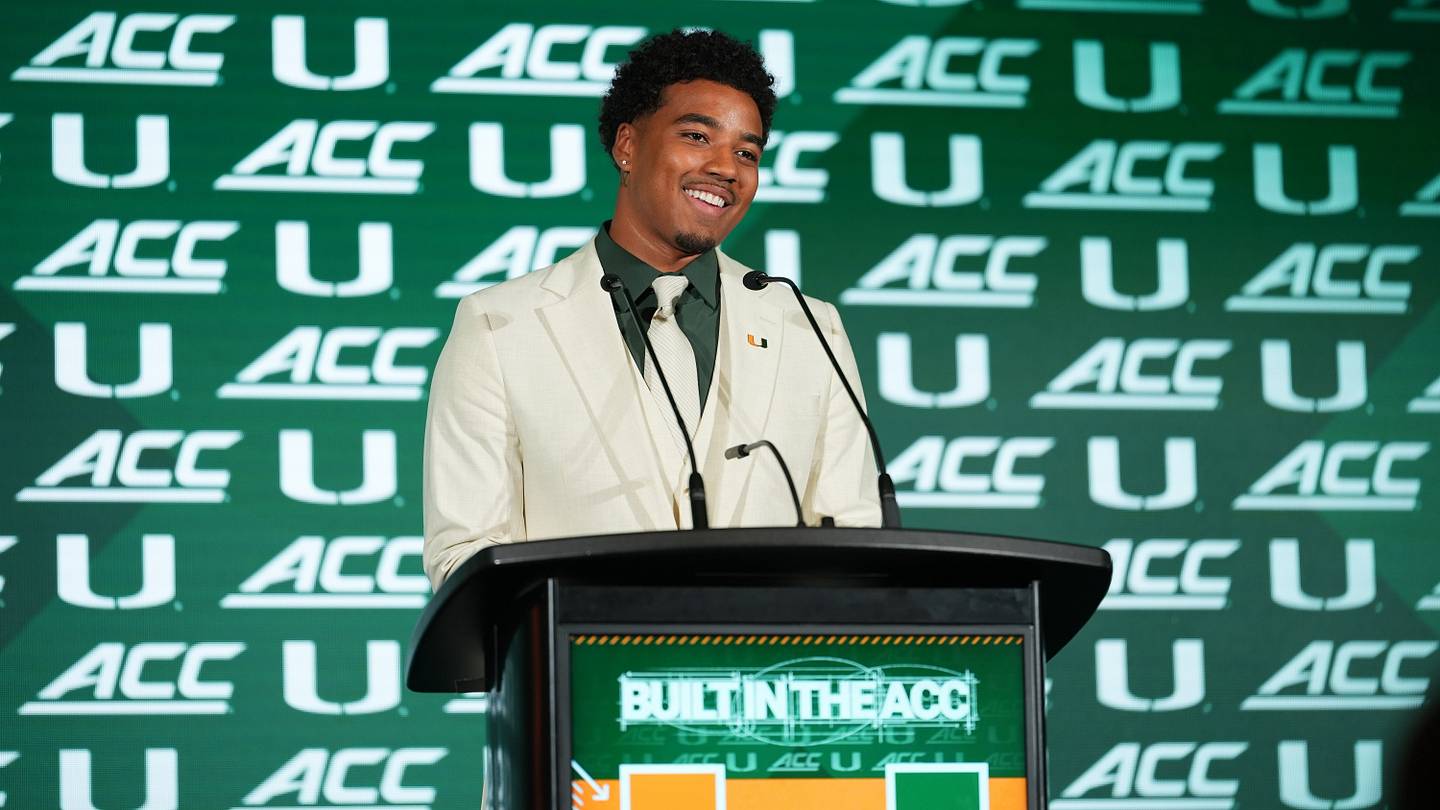 Jul 15, 2026; Charlotte, NC, USA;  Miami quarterback Darian Mensah speaks to the media during ACC Media Days at Hilton Charlotte Uptown. Mandatory Credit: Jim Dedmon-Imagn Images
