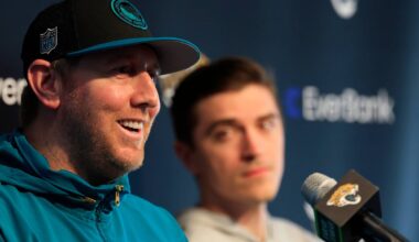 Jacksonville Jaguars head coach Liam Coen, left, speaks next to general manager James Gladstone during a press conference at Miller Electric Center Tuesday, April 15, 2025 in Jacksonville, Fla.