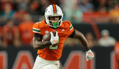 Oct 17, 2025; Miami Gardens, Florida, USA; Miami Hurricanes running back Jordan Lyle (2) carries the football against the Louisville Cardinals during the fourth quarter at Hard Rock Stadium. Mandatory Credit: Sam Navarro-Imagn Images