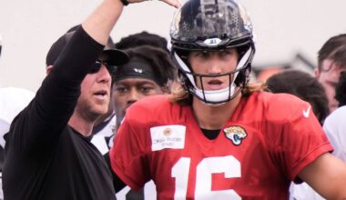 Jacksonville Jaguars Head Coach Liam Coen talks with his team after the Jacksonville Jaguars eighth day of NFL Training Camp at the Miller Electric Center in Jacksonville, Fla., Friday, August 7, 2026.    [Doug Engle/Florida Times-Union]