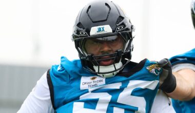 Jacksonville Jaguars offensive tackle Chuma Edoga (55) is fended off by offensive lineman Kilian Zierer (78) during the first day of minicamp at the Miller Electric Center, Tuesday, June 9, 2026, in Jacksonville, Fla.