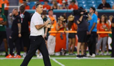Oct 26, 2024; Miami Gardens, Florida, USA; Miami Hurricanes head coach Mario Cristobal reacts on the field before the game against the Florida State Seminoles at Hard Rock Stadium. Mandatory Credit: Sam Navarro-Imagn Images