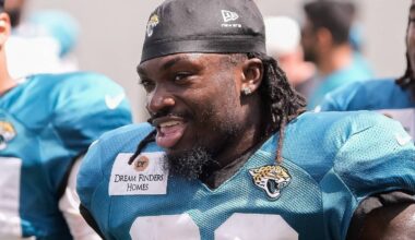 Jacksonville Jaguars Running Back J'Mari Taylor (30) takes around with teammates after the Jacksonville Jaguars eighth day of NFL Training Camp at the Miller Electric Center in Jacksonville, Fla., Friday, August 7, 2026.    [Doug Engle/Florida Times-Union]